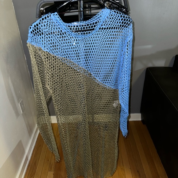 ZARA blue beige fishnet sheer long sleeve beach cover up dress - Picture 5 of 5